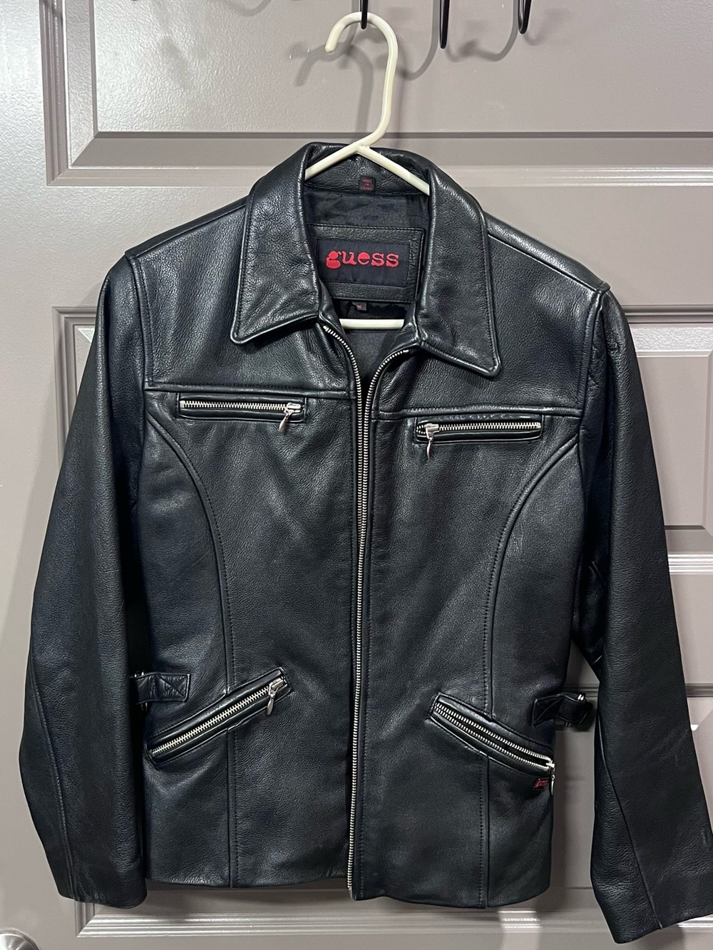 Y2K GUESS Black Leather Bomber Jacket with Zipper Accents